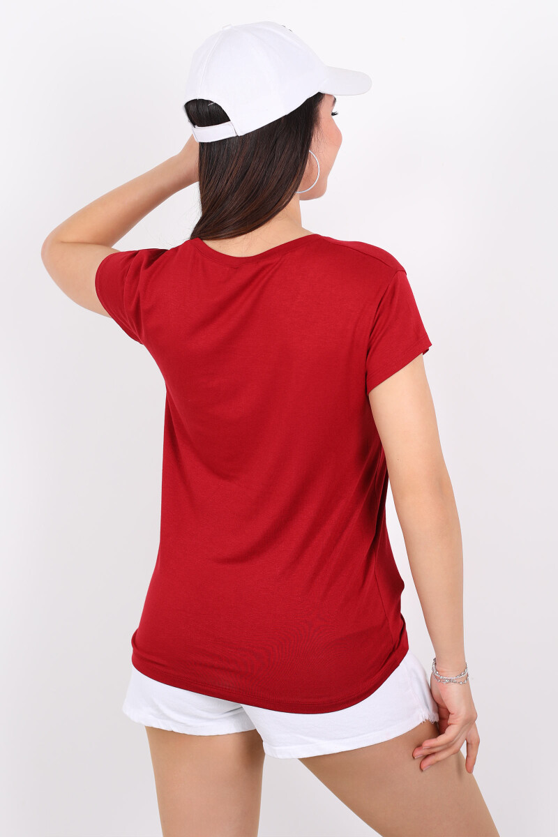 V Yaka Viskon Bordo Kadın T-Shirt - 2