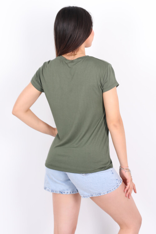 V Yaka Viskon Haki Kadın T-Shirt - 2