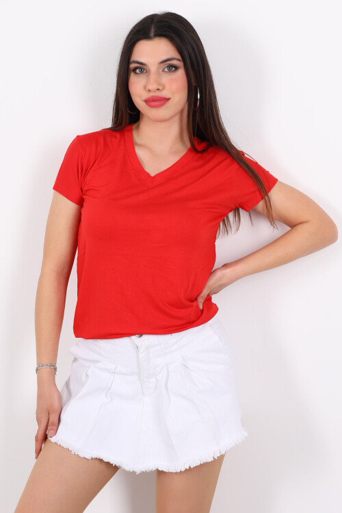 V Yaka Viskon Kırmızı Kadın T-Shirt 