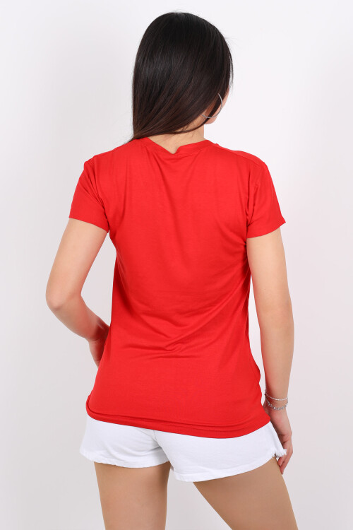 V Yaka Viskon Kırmızı Kadın T-Shirt - 2