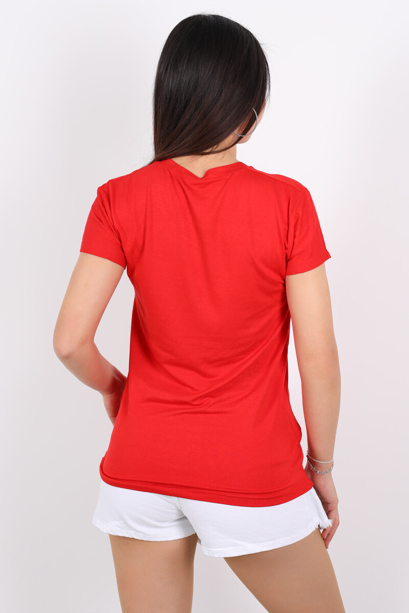 V Yaka Viskon Kırmızı Kadın T-Shirt - 2
