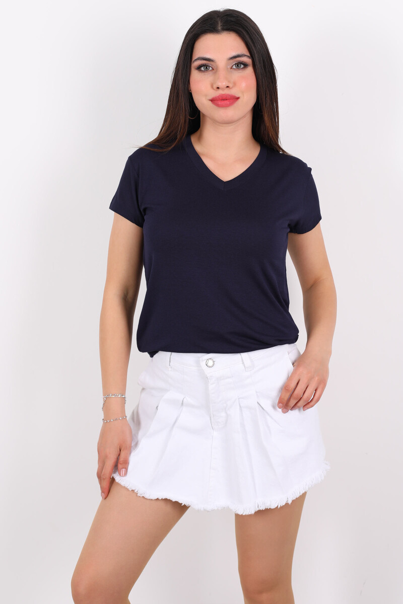 V Yaka Viskon Lacivert Kadın T-Shirt - 4