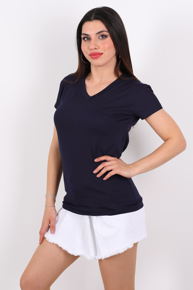 V Yaka Viskon Lacivert Kadın T-Shirt - 3