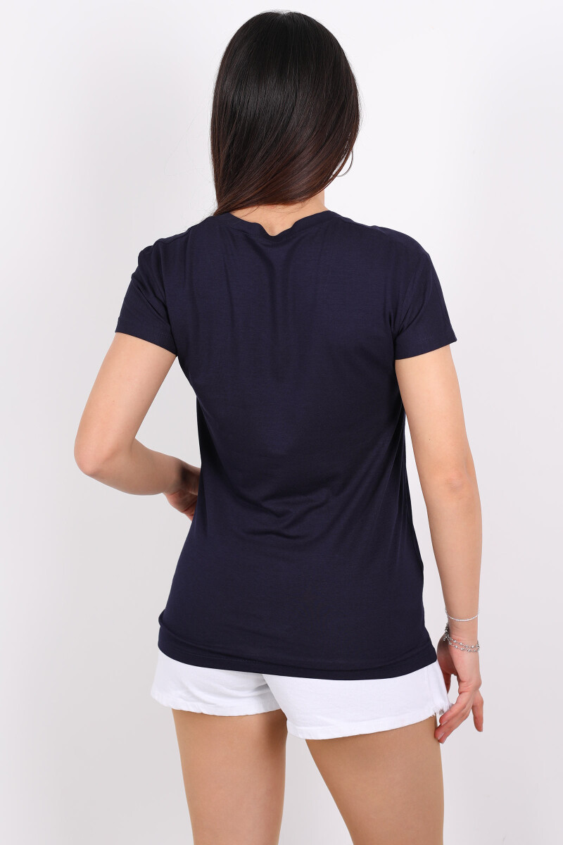 V Yaka Viskon Lacivert Kadın T-Shirt - 2