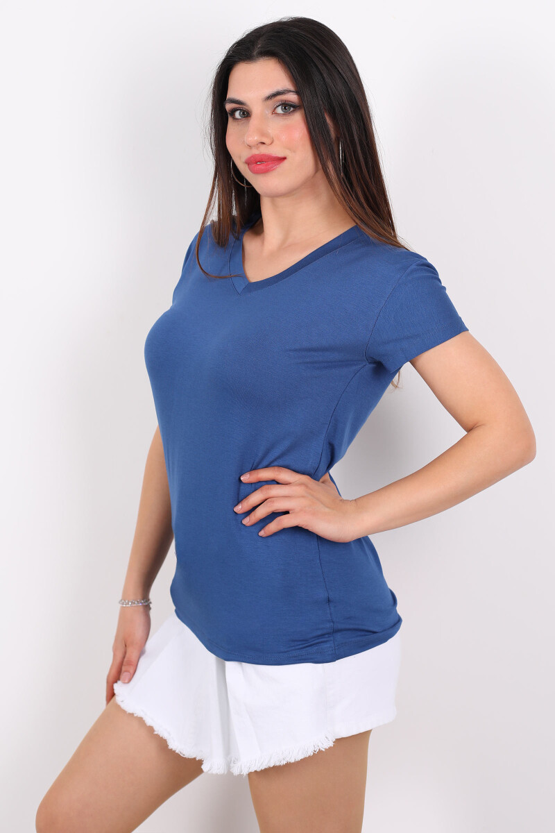 V Yaka Viskon Marin Kadın T-Shirt - 2