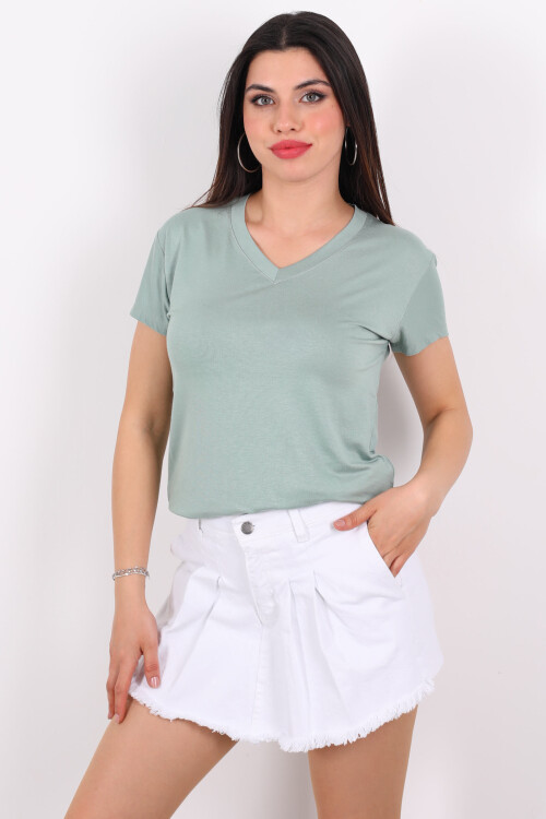 V Yaka Viskon Mint Yeşili Kadın T-Shirt - 4