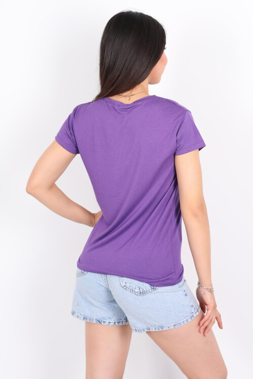 V Yaka Viskon Mor Kadın T-Shirt - 2