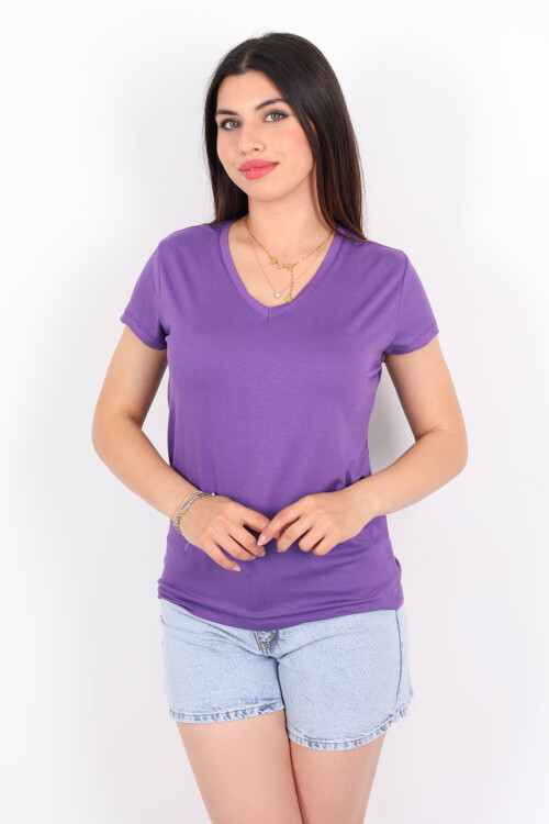 V Yaka Viskon Mor Kadın T-Shirt - 4