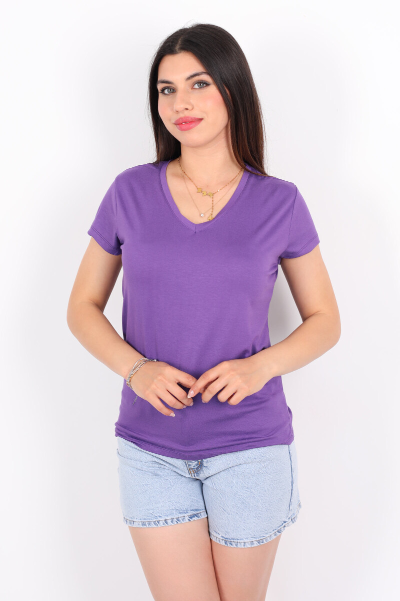 V Yaka Viskon Mor Kadın T-Shirt - 4