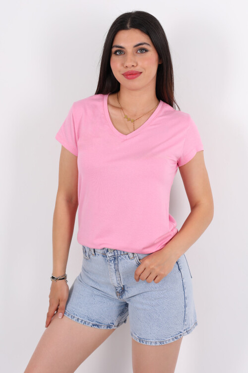 V Yaka Viskon Pembe Kadın T-Shirt 