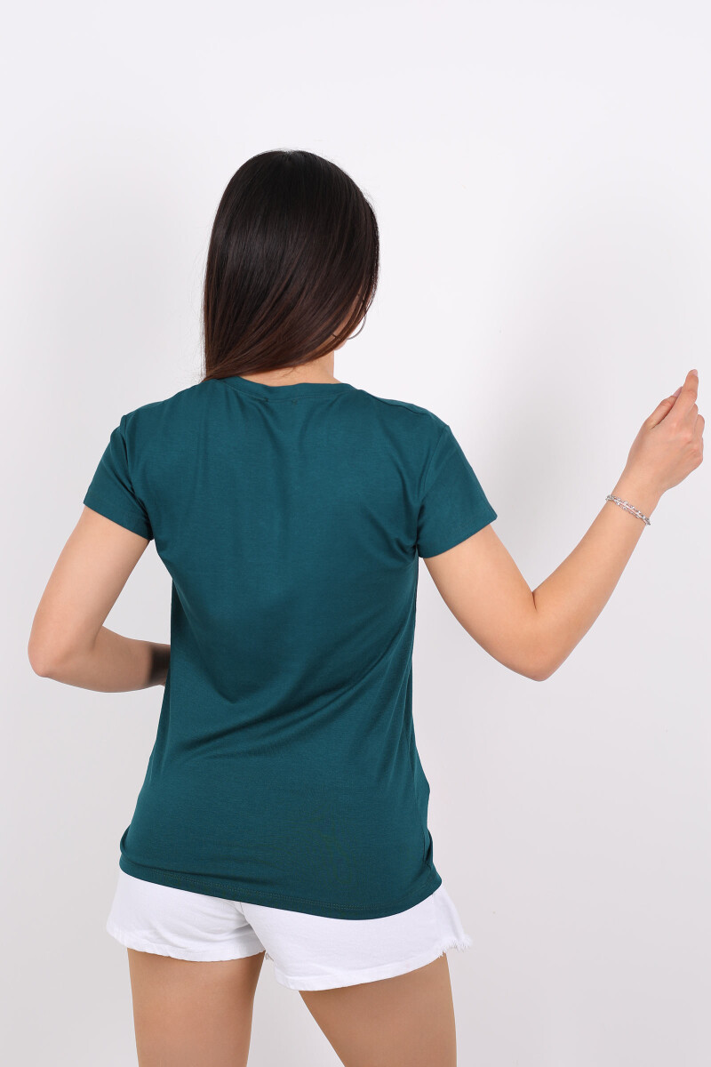 V Yaka Viskon Petrol Yeşili Kadın T-Shirt - 2