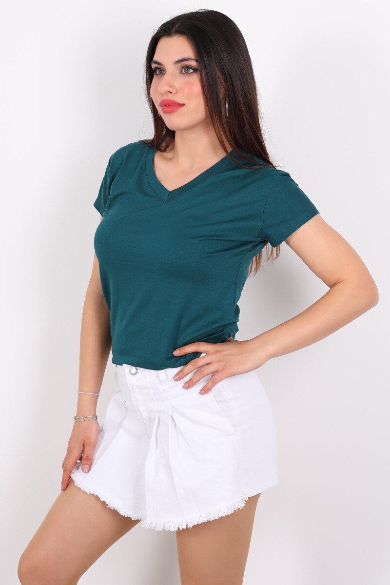 V Yaka Viskon Petrol Yeşili Kadın T-Shirt - 4