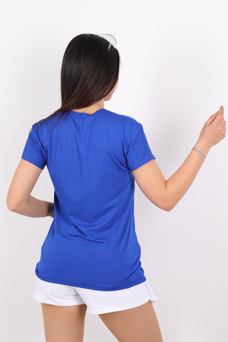 V Yaka Viskon Saks Mavisi Kadın T-Shirt - 2