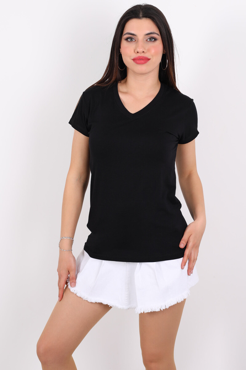 V Yaka Viskon Siyah Kadın T-Shirt - 3