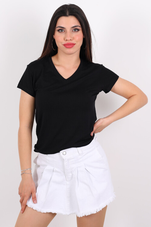 V Yaka Viskon Siyah Kadın T-Shirt 