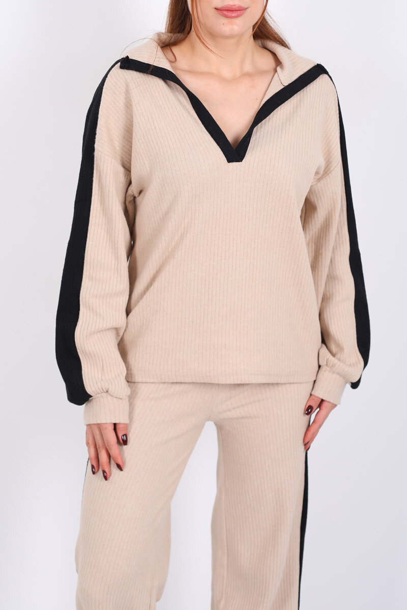 V Yaka Yanları Şeritli Bol Paça Bej Kadın Yumoş Takım - 2