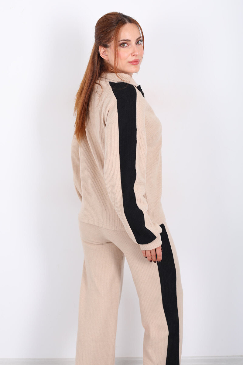 V Yaka Yanları Şeritli Bol Paça Bej Kadın Yumoş Takım - 5