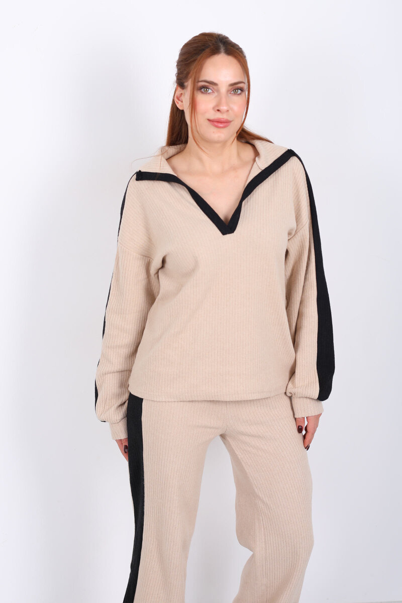 V Yaka Yanları Şeritli Bol Paça Bej Kadın Yumoş Takım - 4