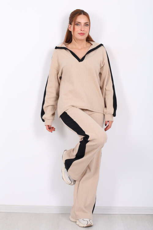V Yaka Yanları Şeritli Bol Paça Bej Kadın Yumoş Takım - 3