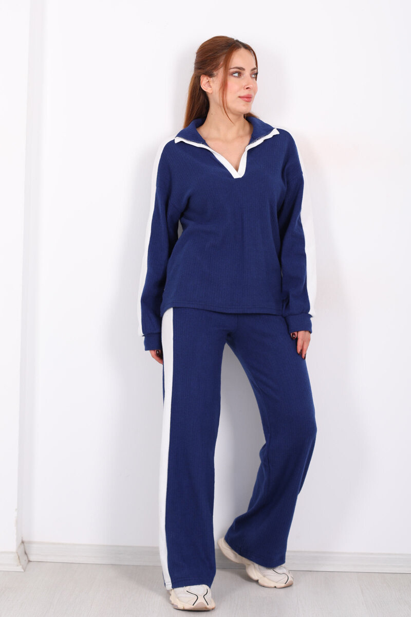 V Yaka Yanları Şeritli Bol Paça Mavi Kadın Yumoş Takım - 3