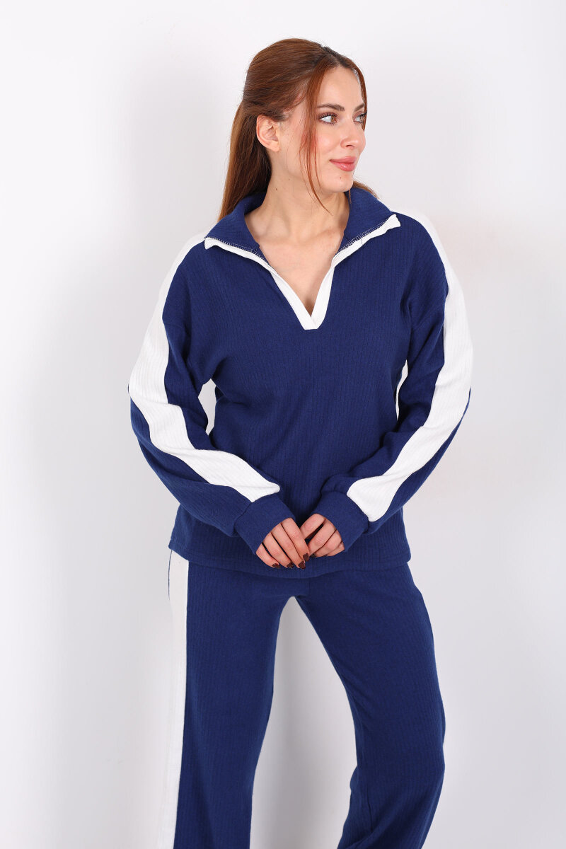 V Yaka Yanları Şeritli Bol Paça Mavi Kadın Yumoş Takım - 4