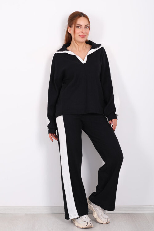 V Yaka Yanları Şeritli Bol Paça Siyah Kadın Yumoş Takım - 3