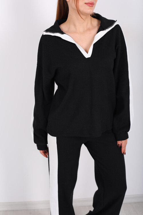 V Yaka Yanları Şeritli Bol Paça Siyah Kadın Yumoş Takım - Berox (1)