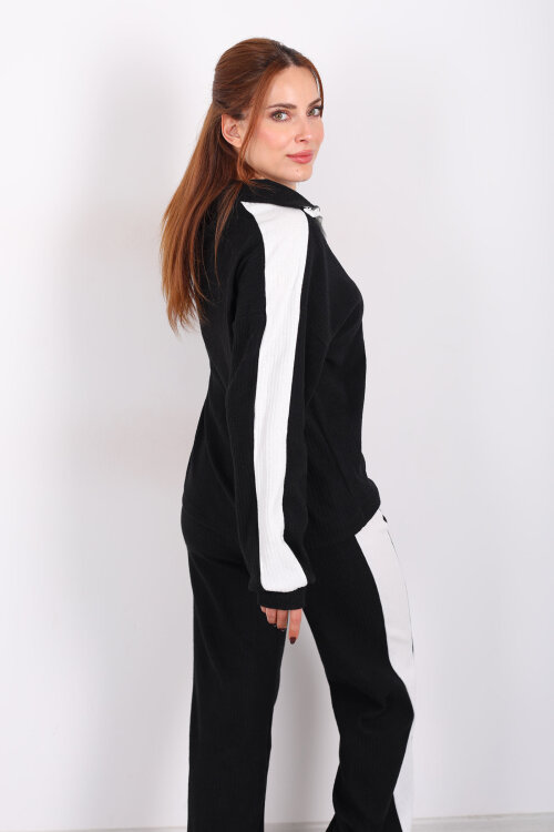 V Yaka Yanları Şeritli Bol Paça Siyah Kadın Yumoş Takım - 5