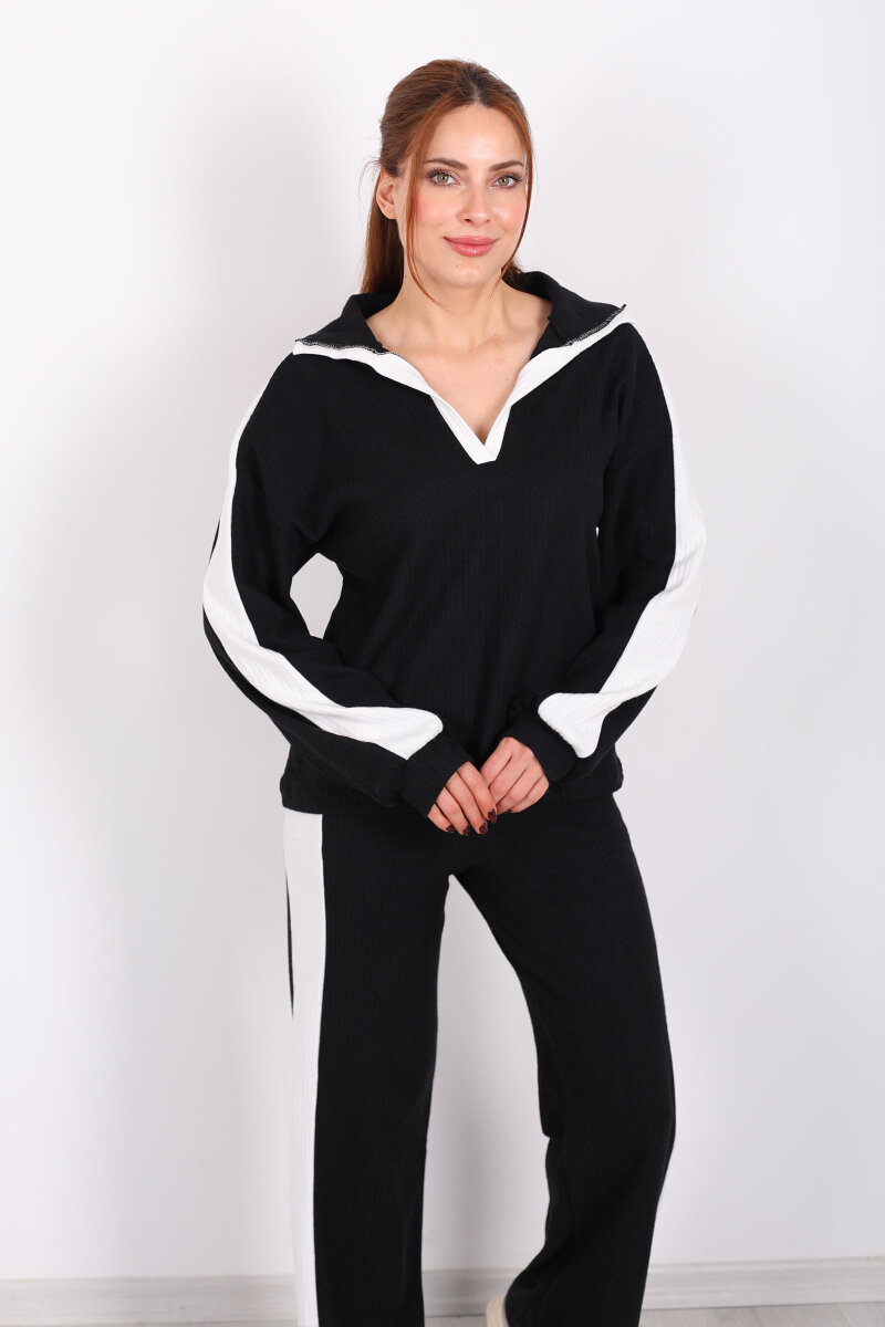 V Yaka Yanları Şeritli Bol Paça Siyah Kadın Yumoş Takım - 1