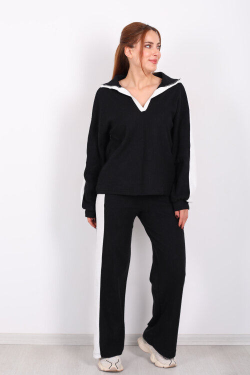 V Yaka Yanları Şeritli Bol Paça Siyah Kadın Yumoş Takım - 6