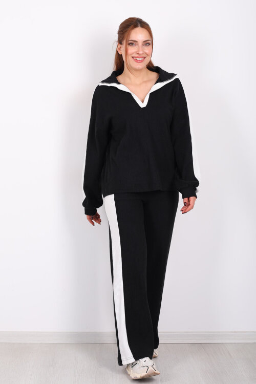 V Yaka Yanları Şeritli Bol Paça Siyah Kadın Yumoş Takım - 4