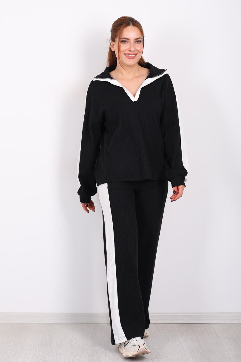 V Yaka Yanları Şeritli Bol Paça Siyah Kadın Yumoş Takım - 4