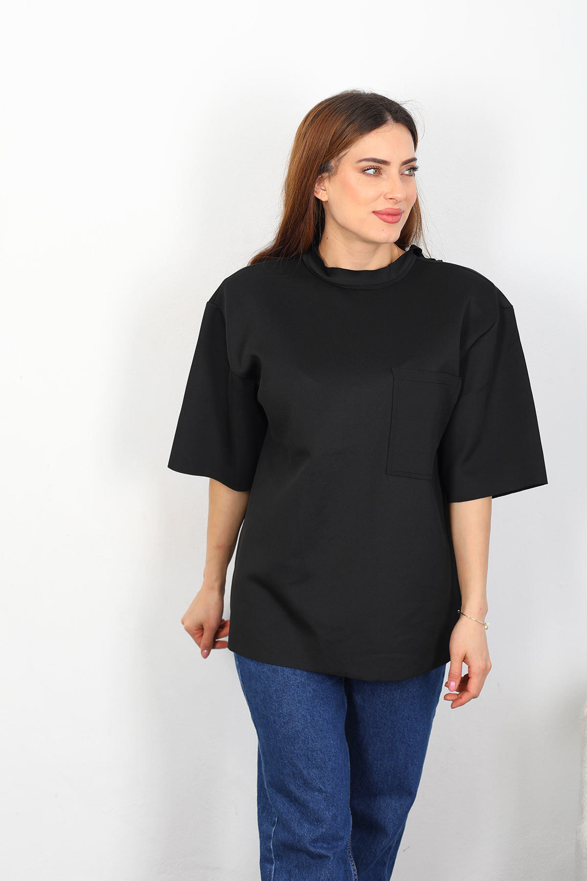 Vatkalı Dik Vatkalı Kadın Siyah Fermuarlı T-shirt