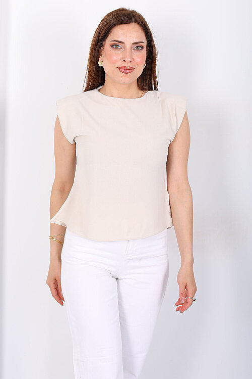 Vatkalı Kolsuz Kadın Taş Rengi Linda Bluz - 3