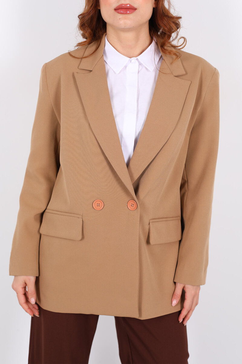 Vatkalı Kruvaze Yaka Kadın Vizon Blazer Ceket - 2