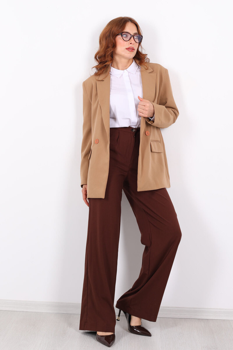 Vatkalı Kruvaze Yaka Kadın Vizon Blazer Ceket - 3