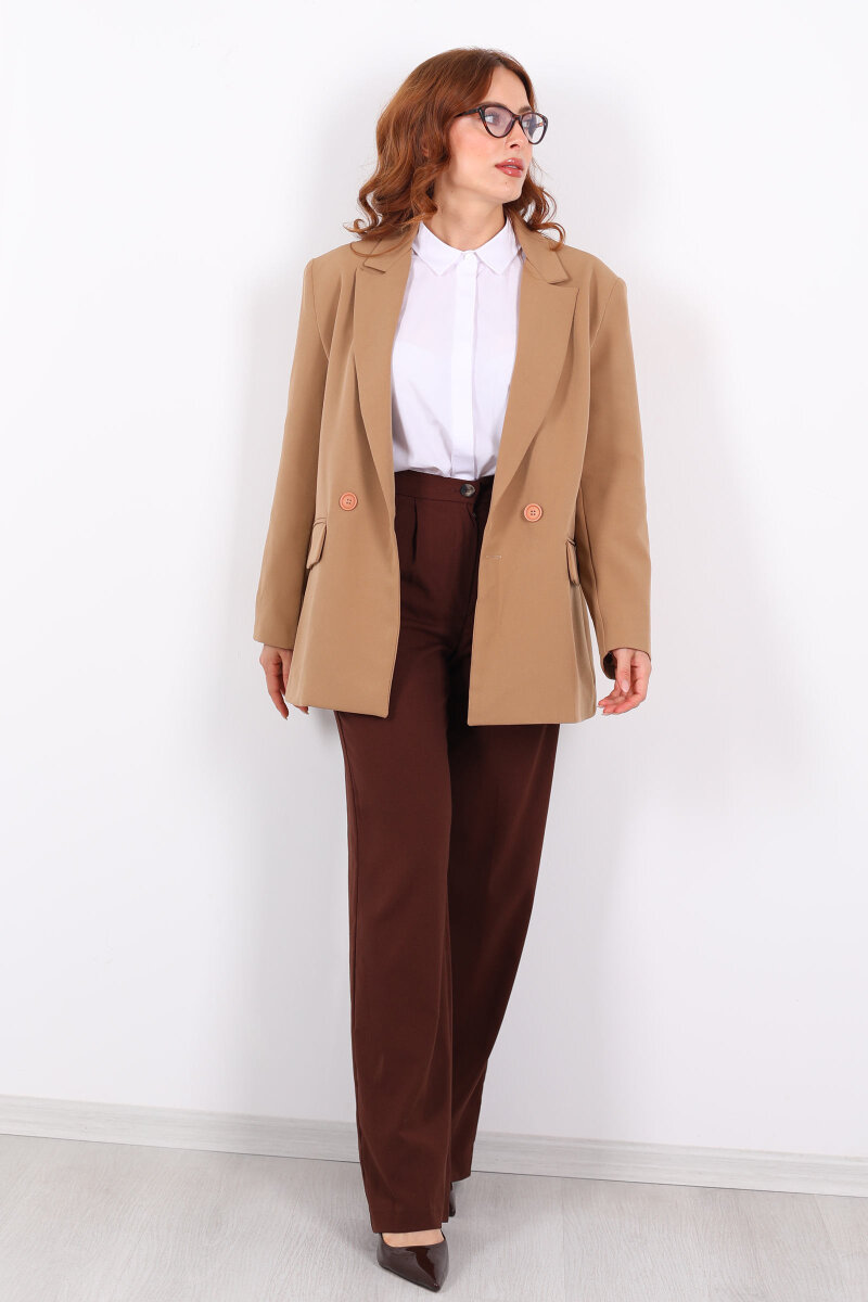 Vatkalı Kruvaze Yaka Kadın Vizon Blazer Ceket - 7