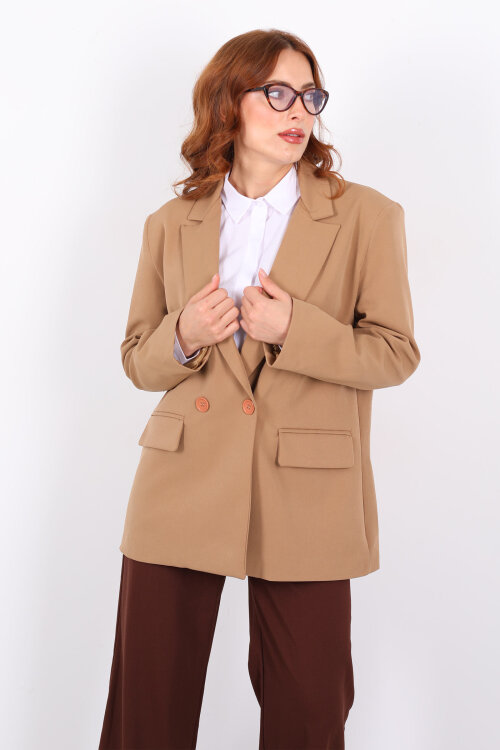 Vatkalı Kruvaze Yaka Kadın Vizon Blazer Ceket - 4