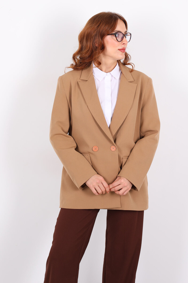 Vatkalı Kruvaze Yaka Kadın Vizon Blazer Ceket - 5