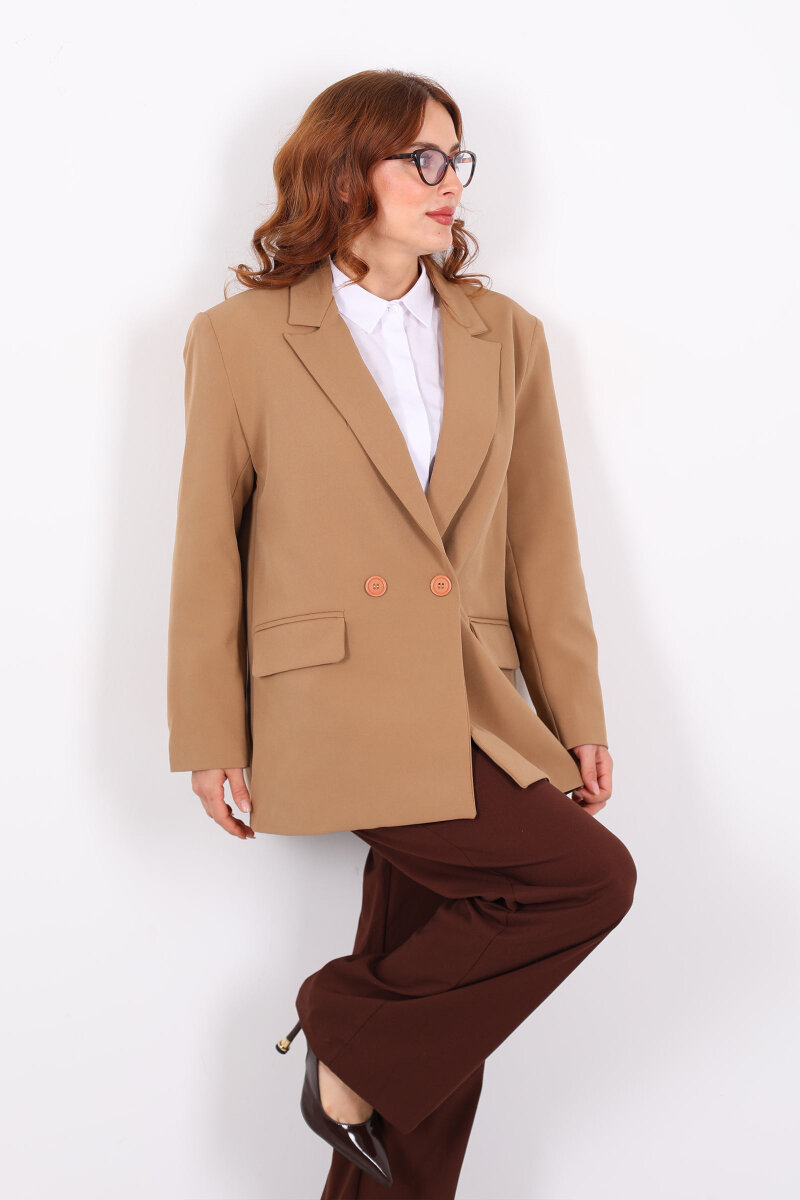 Vatkalı Kruvaze Yaka Kadın Vizon Blazer Ceket - 1