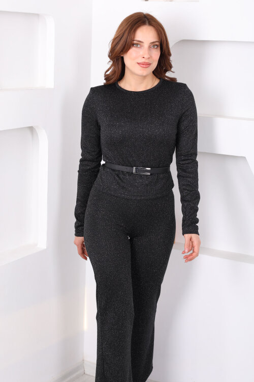 Vatkalı Simli Kadın Siyah Kemerli Pantolon Takım - 4