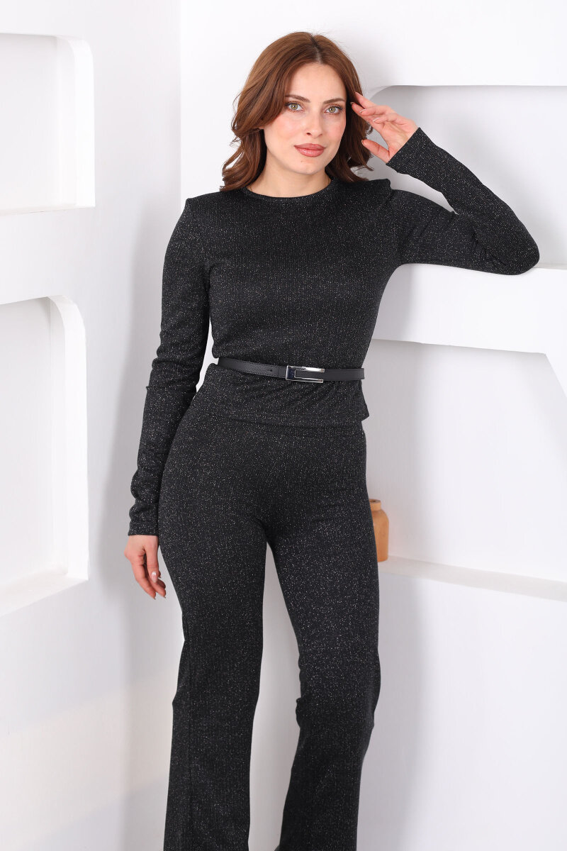 Vatkalı Simli Kadın Siyah Kemerli Pantolon Takım - 2