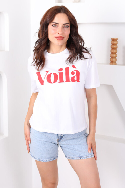 Voila Baskılı Oversize Beyaz Kadın T-Shirt - 4