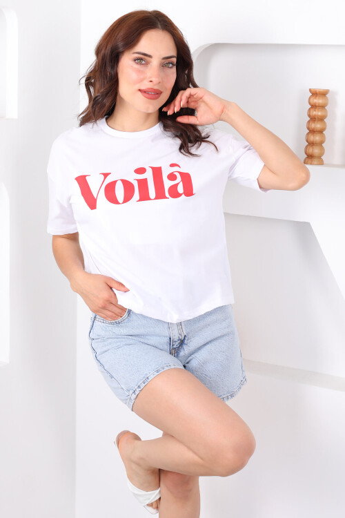 Voila Baskılı Oversize Beyaz Kadın T-Shirt - 1