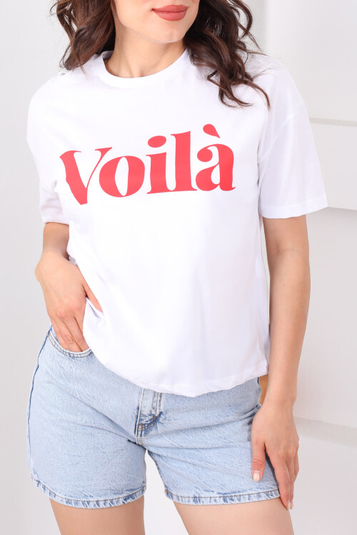 Voila Baskılı Oversize Beyaz Kadın T-Shirt - 2