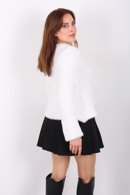 Volanlı Sakallı Kadın Beyaz Triko Kazak - 5