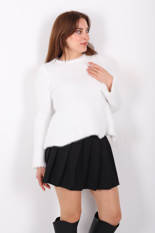 Volanlı Sakallı Kadın Beyaz Triko Kazak - 6