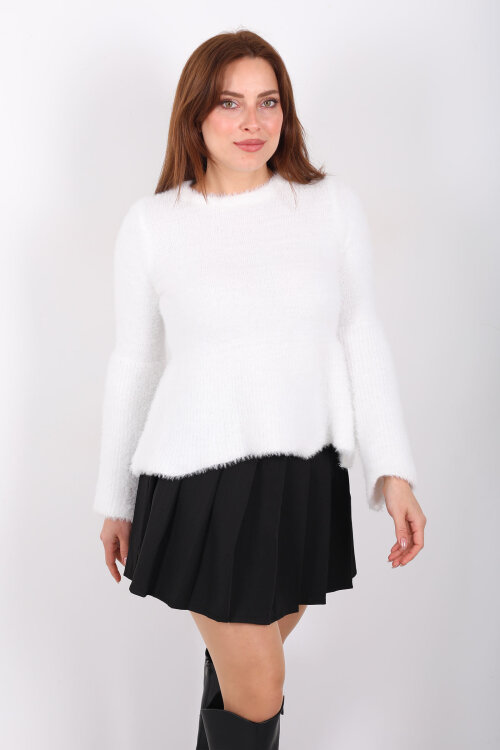 Volanlı Sakallı Kadın Beyaz Triko Kazak - 4