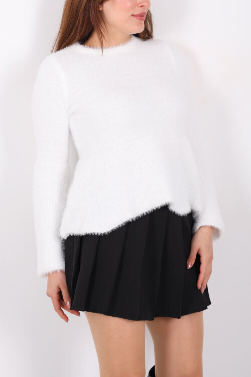 Volanlı Sakallı Kadın Beyaz Triko Kazak - 2