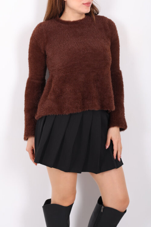 Volanlı Sakallı Kadın Kahverengi Triko Kazak - Berox (1)